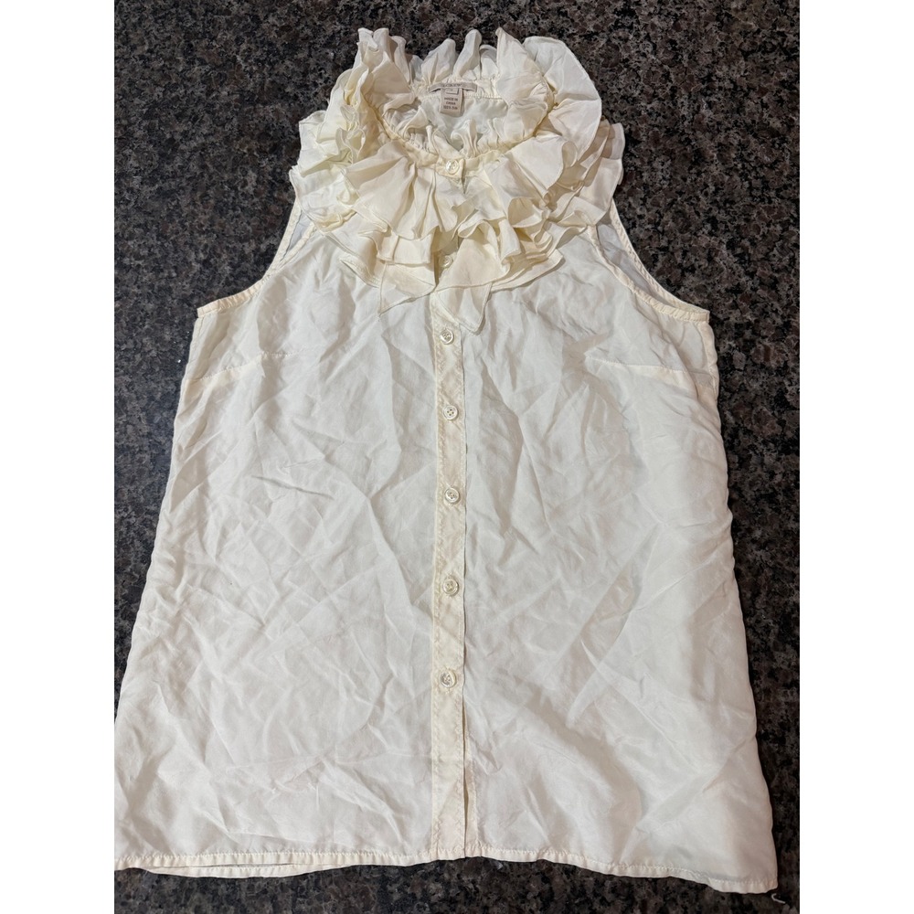 J.Crew Ivory 100% Silk Ruffle Collar Sleeveless Button Down Blouse Top Size 2